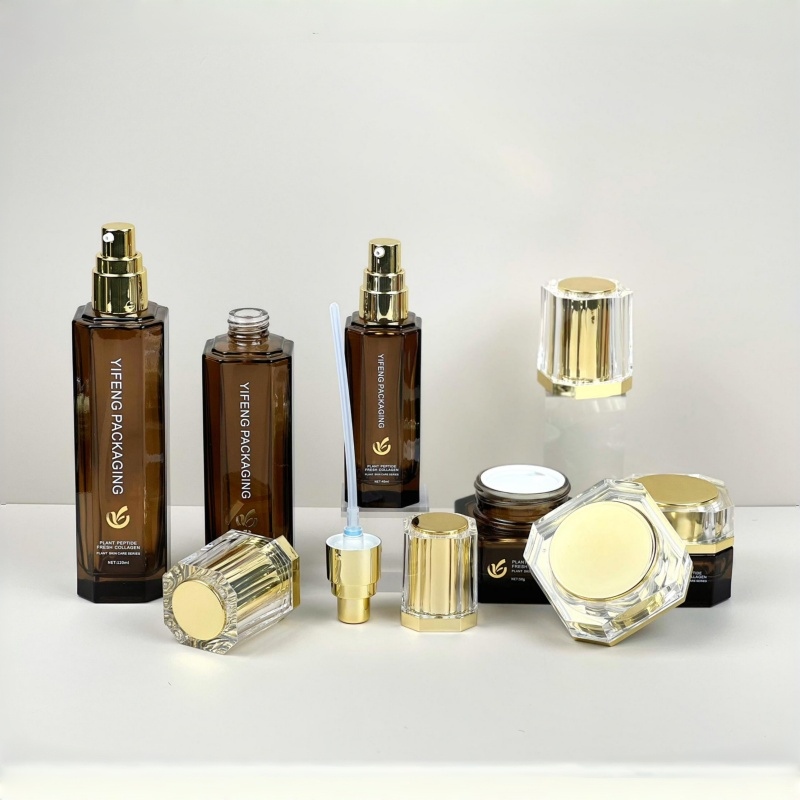 clear glass skincare set - serum pump cream jar flip top toner bottle