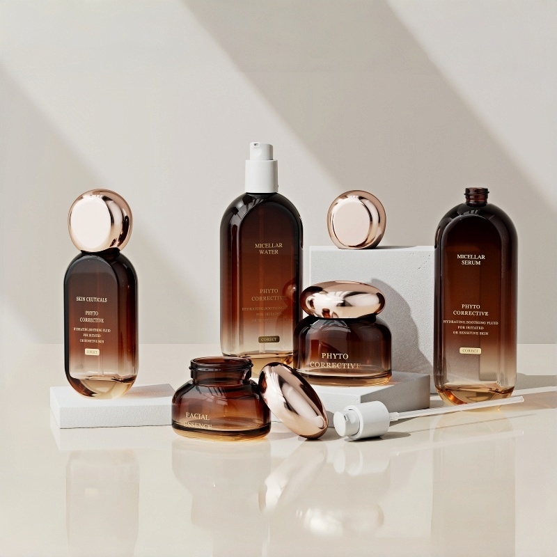 luxury gift set with 6 amber glass bottles Flat Square Glass Bottle Cosmetic Packaging