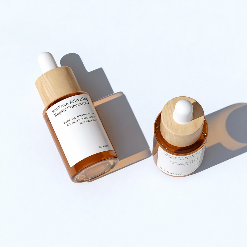 Bamboo and wood covered glass essential oil bottles in sizes of 10ml, 20ml, 30ml, 50ml - sample bottles for essential oil liquids