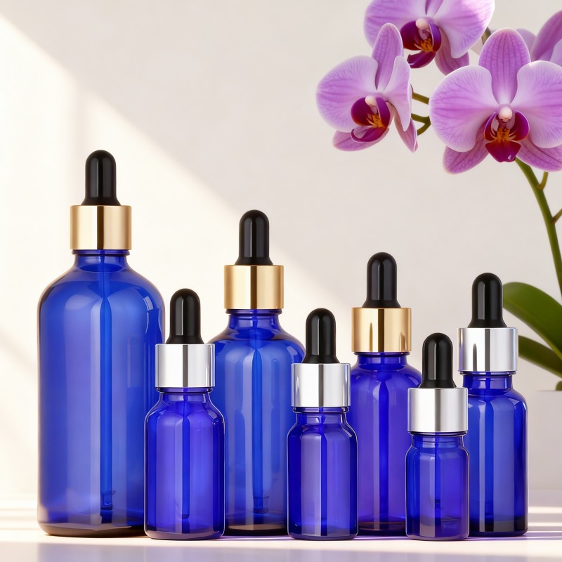 5ml, 10ml, 15ml, 20ml, 30ml, 50ml, 100ml Customizable round empty black glass bottles with black caps.