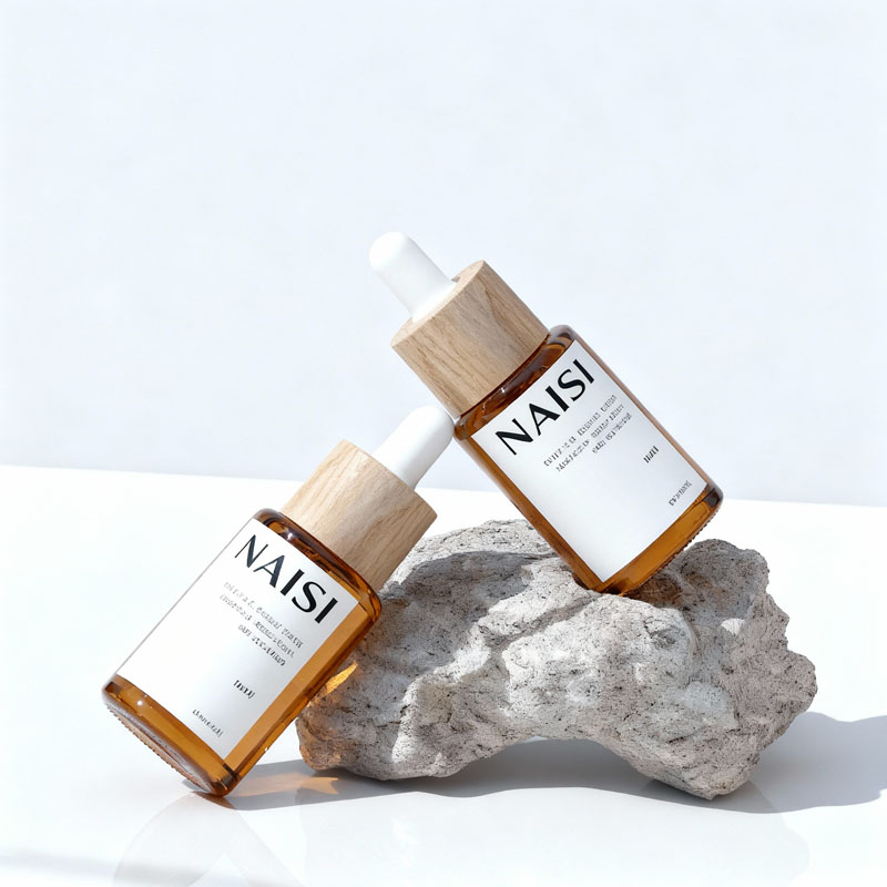 Bamboo and wood covered glass essential oil bottles in sizes of 10ml, 20ml, 30ml, 50ml - sample bottles for essential oil liquids